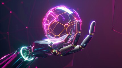 Futuristic Robotic Hand Holding Glowing Digital Sphere with Neon Network