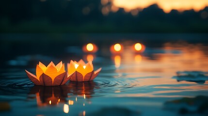 5. Three 3D paper lanterns gracefully floating on the water during Loy Krathong, with a clean and calm background