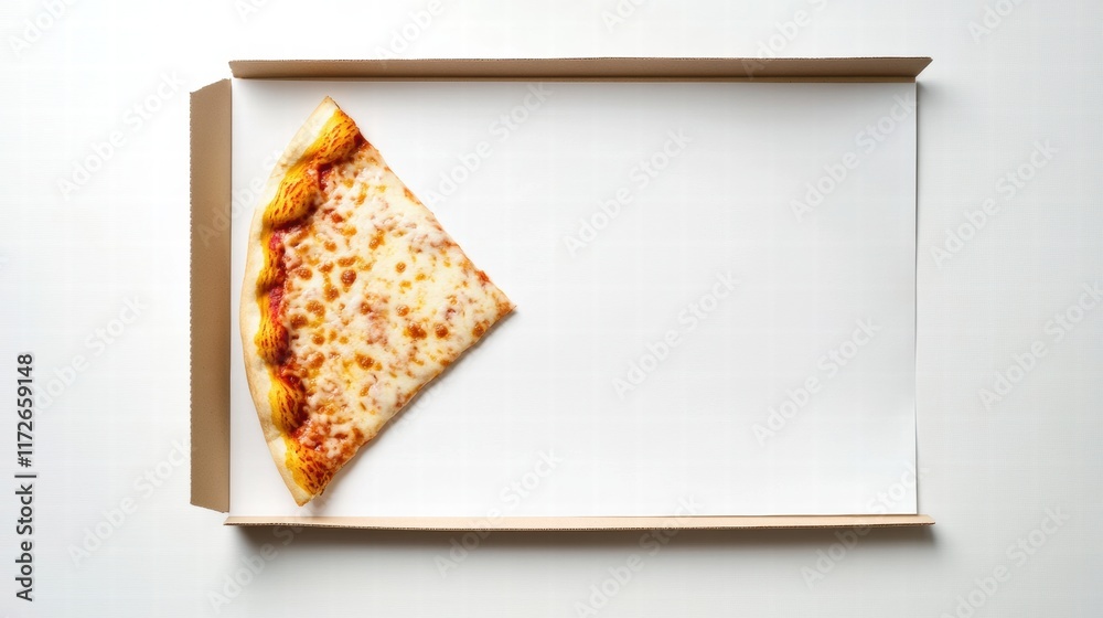Aufkleber small piece of cheese pizza on a pristine white sheet in an empty pizza box. generative ai
