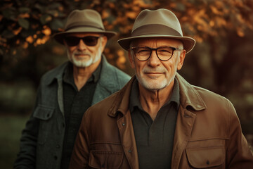 Obraz premium Two well-dressed senior men posing wearing glasses and hats, with an autumn nature background. Elegance in retirement concept.