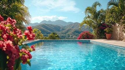 Obraz premium Tranquil poolside retreat serene garden landscape photography vibrant flora scenic view relaxation and nature harmony