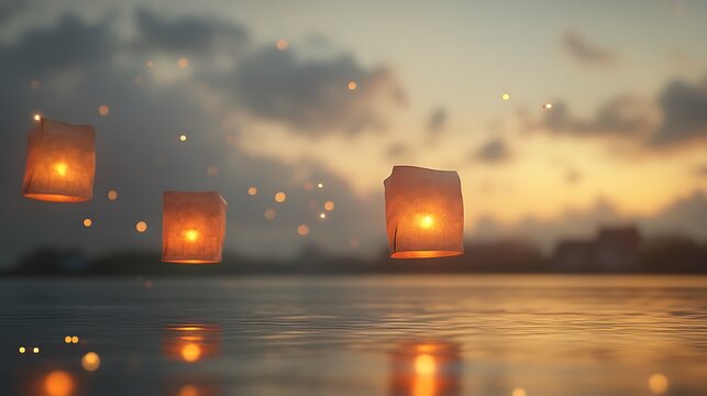 3. A serene scene of three 3D floating lanterns with warm golden light against a simple, neutral backdrop