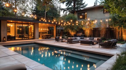 Creating the perfect cozy poolside retreat with string lights and comfortable seating at your home