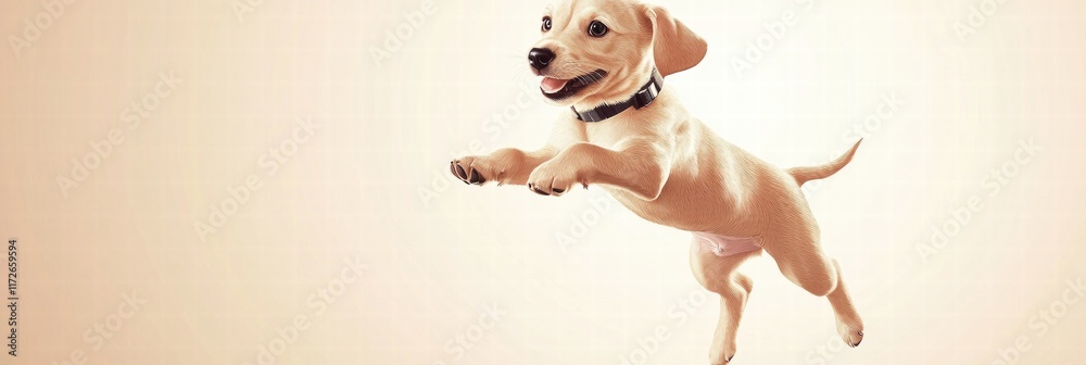 Aufkleber joyful puppy jumping in a playful pose against a soft background during a sunny afternoon. generativ