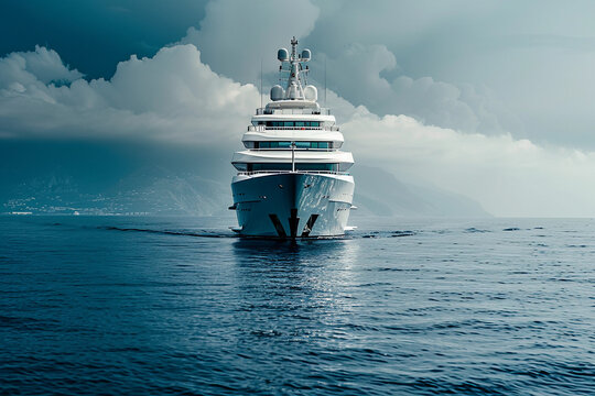 Luxury private big motor yacht in tropical sea with soft blue wave, abstract vivid composition consists of fictional unreal fantastic vision on background