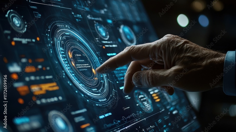 Poster business professional interacting with advanced crm dashboard displaying data insights and analytics
