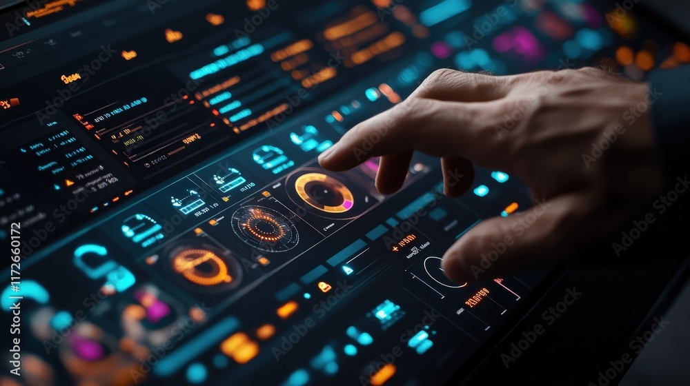 Poster professional man interacting with modern crm dashboard displaying data insights on touch screen in o
