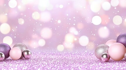 Sparkling festive background with ornaments and bokeh lights.