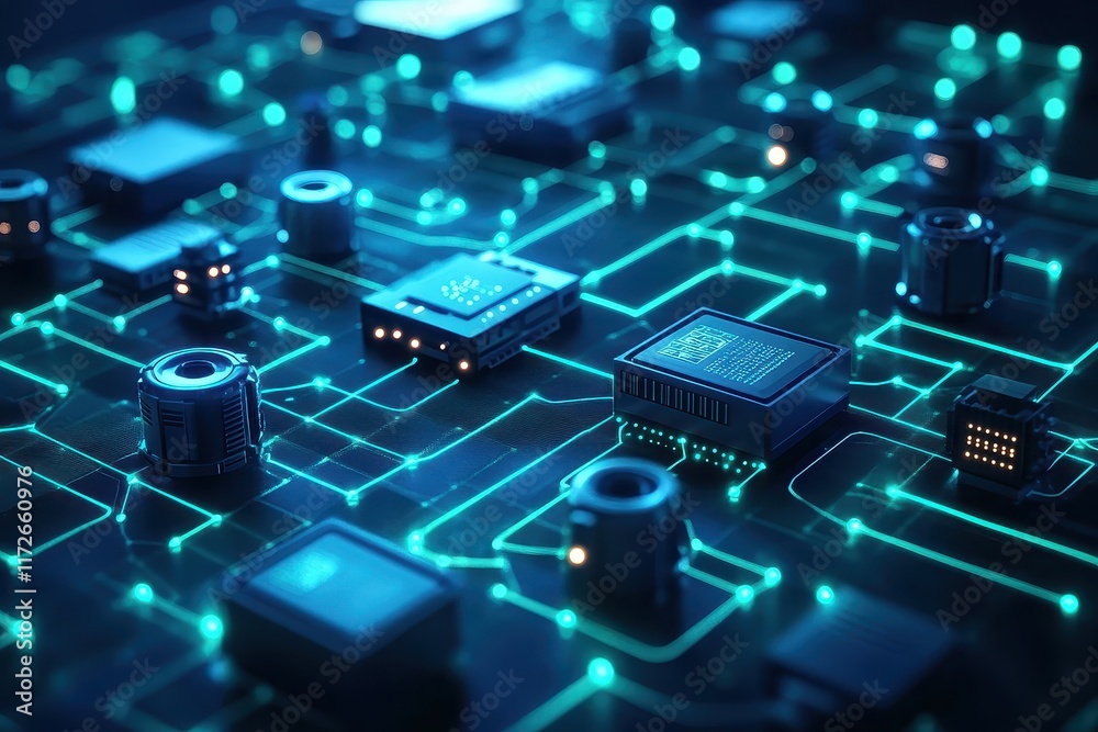 Poster electronics circuit board with glowing components and intricate connections at a close range