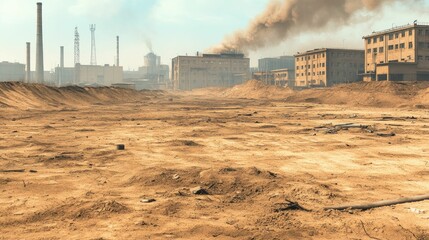 Smog-filled industrial area, barren, sandy ground.