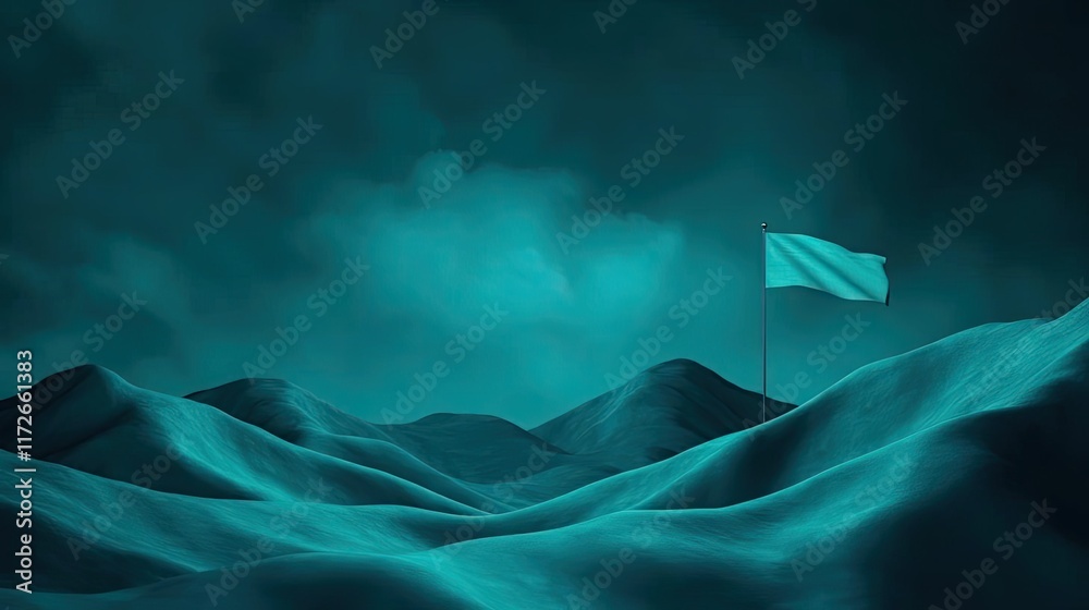 Poster minimal skies idea. a surreal landscape with abstract waves and a flag amidst a moody teal atmospher