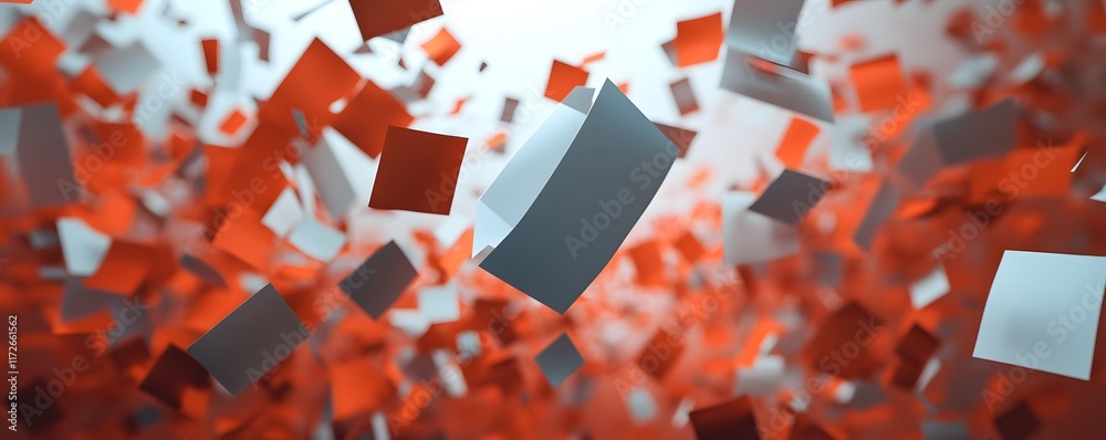 Poster an abstract composition featuring floating red and gray tiles, creating a dynamic sense of movement 
