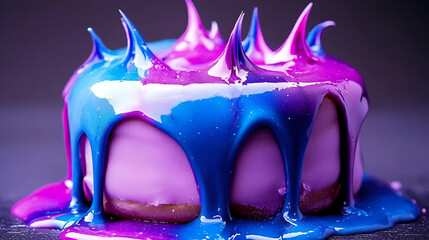 A vibrant, dripping cake with purple and blue icing, featuring sharp spikes, creating a visually striking dessert.