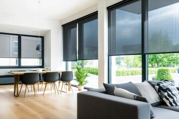 Modern living room with blackout roller blinds, large windows, sofa, and dining table.