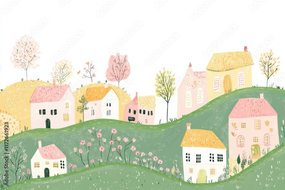 Poster charming whimsical doodle of colorful houses on rolling hills with trees and flowers in a serene lan