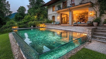 Revel in tranquility a transparent-bottom pool overlooking nature's beauty at a luxurious residence