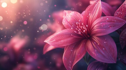 Fototapeta premium Enchanted Pink Lily: A Dew-Kissed Bloom in a Magical Garden