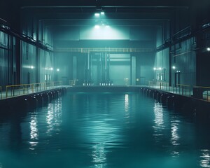Obraz premium An industrial space with a serene water body reflecting ambient light, creating a contrast of tranquility amid the machinery and structures