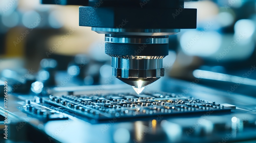 Poster close-up view of a high-tech microscope focusing on a detailed microchip, showcasing the intricate p