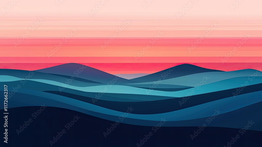 Poster Minimal skies idea. A serene abstract landscape with layered waves and a vibrant gradient sky.