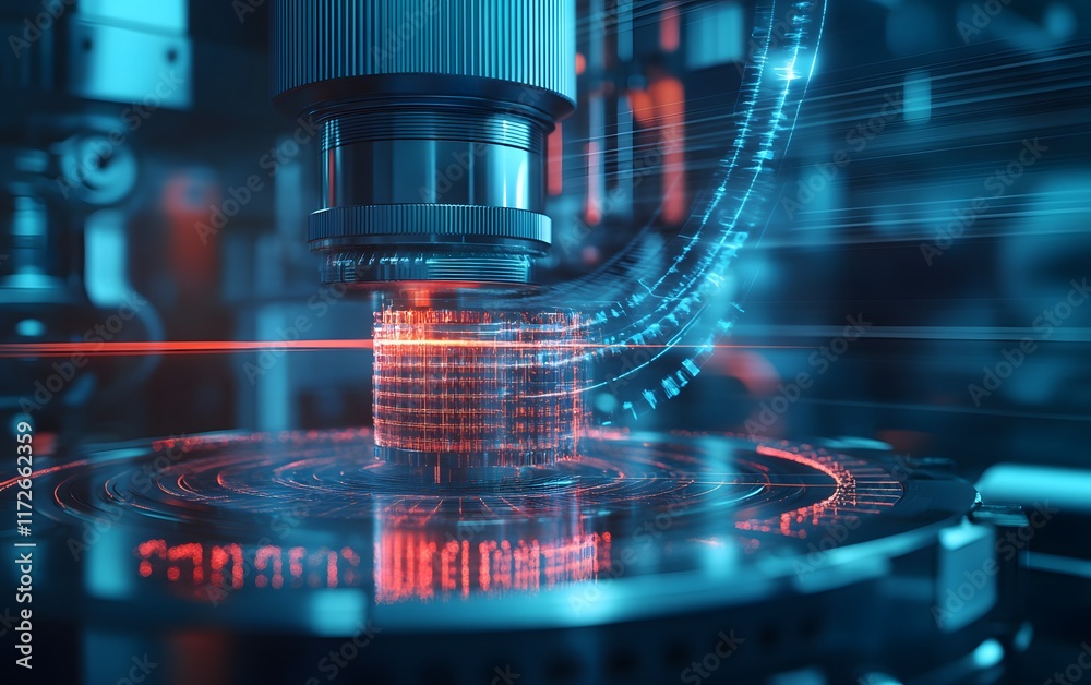 Poster close-up view of advanced technology in action, featuring a futuristic machine processing data with 
