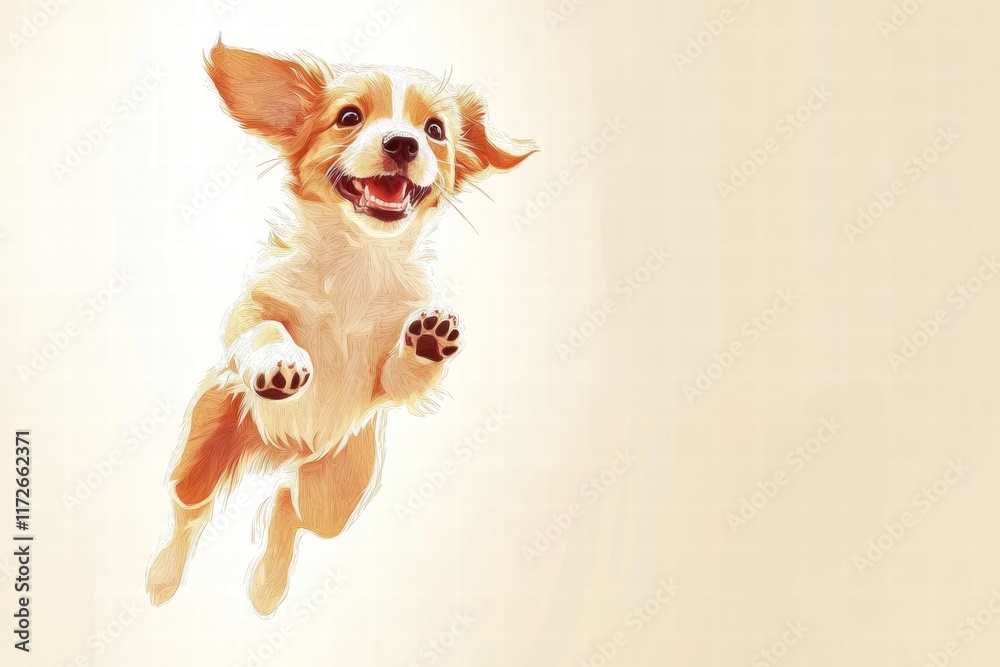 Aufkleber joyful puppy jumping in mid air with excitement against a soft background during a sunny day. genera