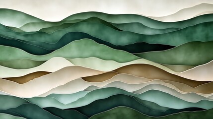 Abstract Layered Green And Beige Mountainscape Artwork