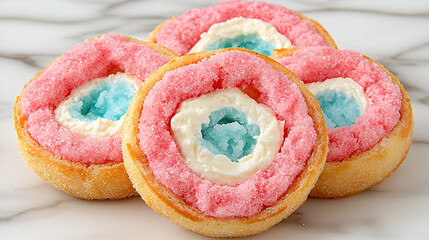 Obraz premium Colorful dessert cookies with pink and blue frosting, layered in a circular pattern, displayed on a marble surface.