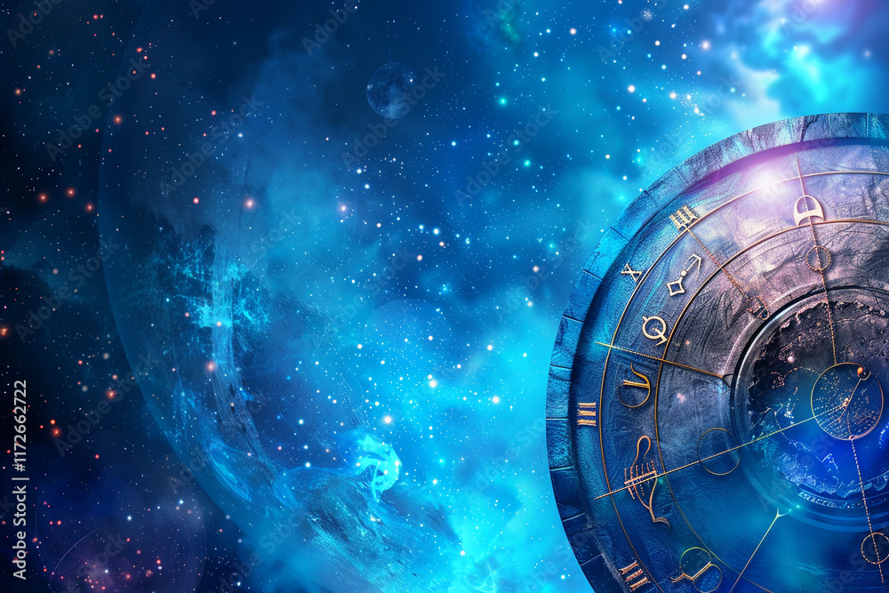 Wall mural astrological abstract composition with zodiac circle in signs and symbols, abstract vivid compositio