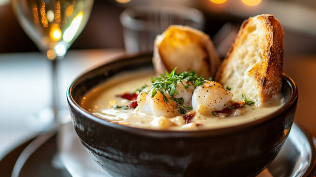 Delicious seafood chowder served with toasted bread at a cozy restaurant