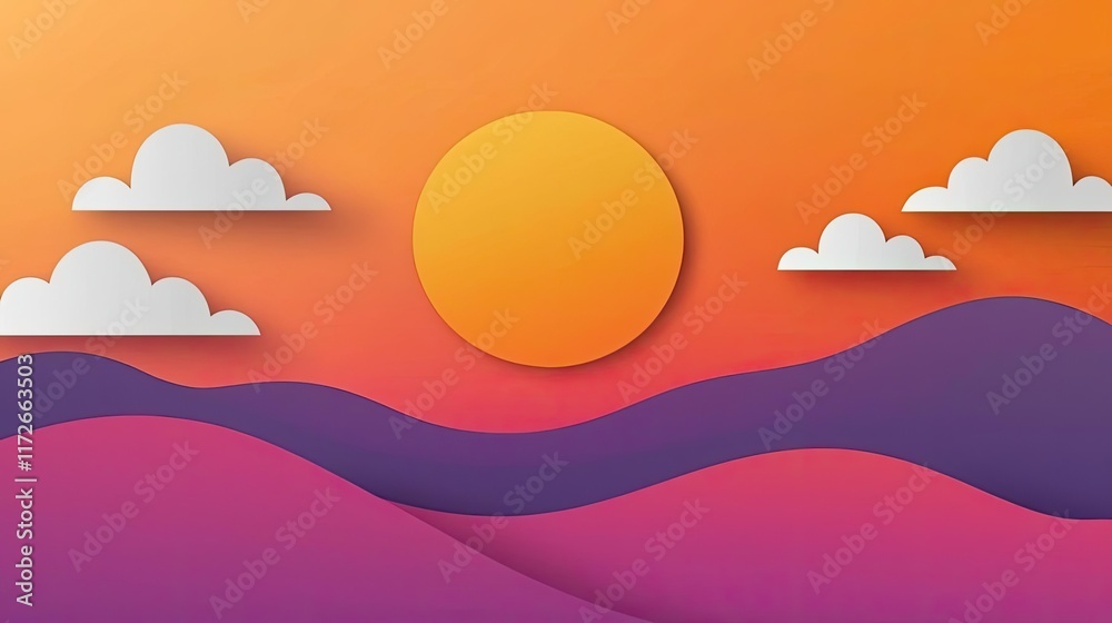 Poster minimal skies idea. vibrant sunset over layered mountains with colorful clouds in a serene atmospher