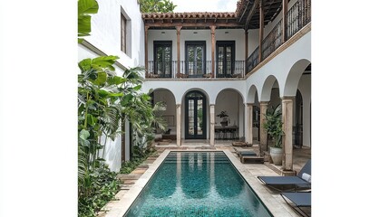 Relaxing retreat sparkling pool surrounded by mediterranean-style architecture luxurious atmosphere private villa escape