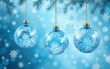Blue Christmas background with holiday decorations and festive balls