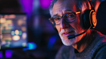 Elderly gamer engaged in strategic discussions while wearing a headset in a colorful gaming setup at night. Generative AI