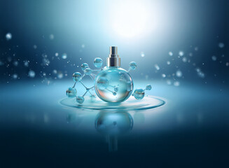A sleek, transparent perfume bottle rests on a reflective surface, surrounded by shimmering molecules, suggesting a high-tech, scientifically advanced fragrance.  The cool blue tones evoke purity and 