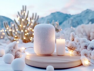 Cozy Winter Scene Smart Speaker and Candle with Snowy Decor and Lights