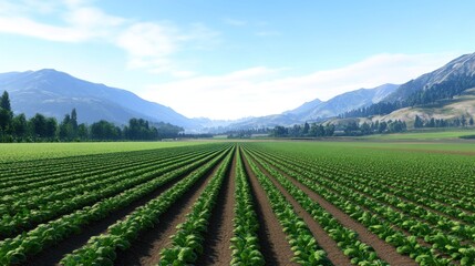 Expansive green fields with rows of crops and mountains in the background.