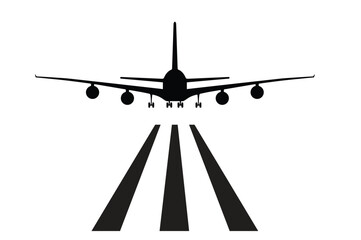 Icon of an airplane on landing lane on a white background