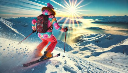 Skiing on a Snowy Mountain - Beautiful View with Sunny Weather and Blue Sky - Skier in Action - Sliding down the White Slope - Fresh Snow - Extreme Sport or Winter Sport - Ski, Ski Poles