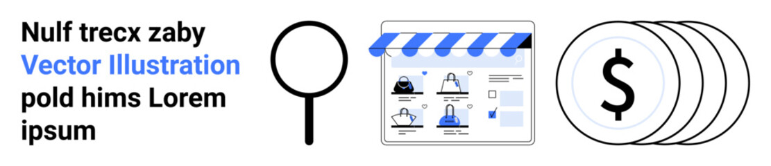 Online store interface with shopping icons, magnifying glass, and currency coins. Ideal for online shopping, e-commerce platforms, digital marketplaces, financial technology, payment systems, retail