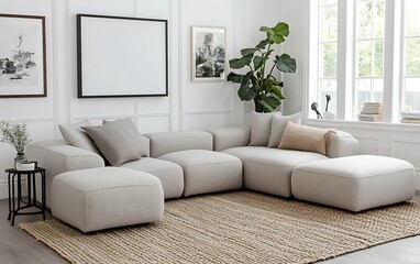 Fototapeta premium Modern sectional sofa in bright living room, plants, rug. Home decor, interior design.