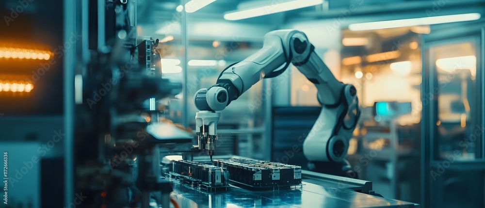 Poster a close-up view of a sophisticated robotic arm working efficiently in a modern manufacturing environ