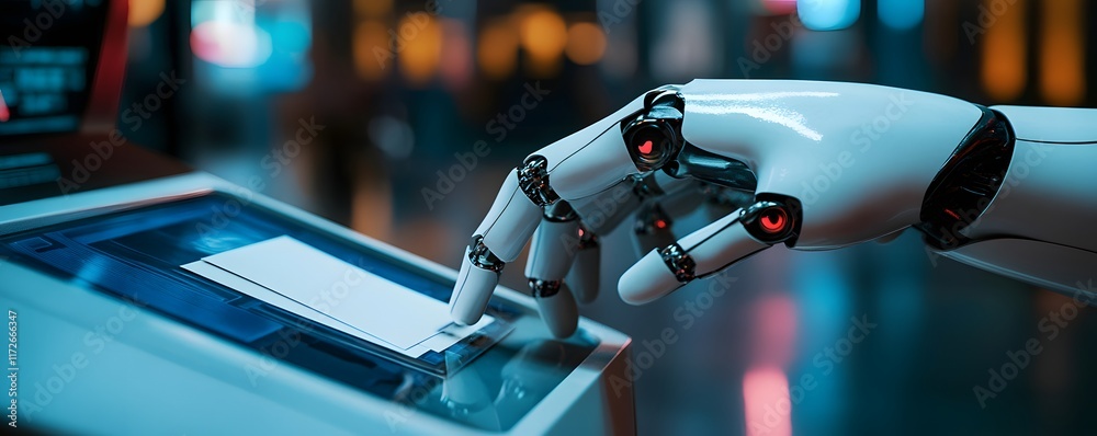 Poster a close-up view of a robotic hand interacting with a touchscreen display, showcasing advanced techno