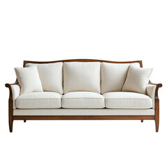 wooden sofa with white cushions isolated on a white background