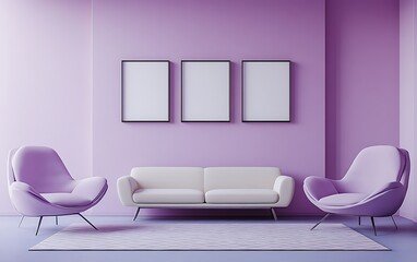 Lavender room interior design, modern sofa, armchairs, wall art.