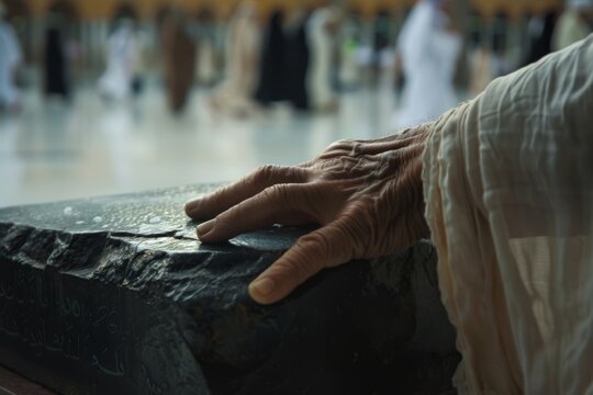 Hand on Black Stone in Holy Kaaba Worship