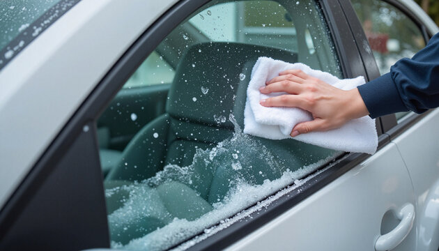 Mechanic cleaning car windows in winter, outdoor car care tips