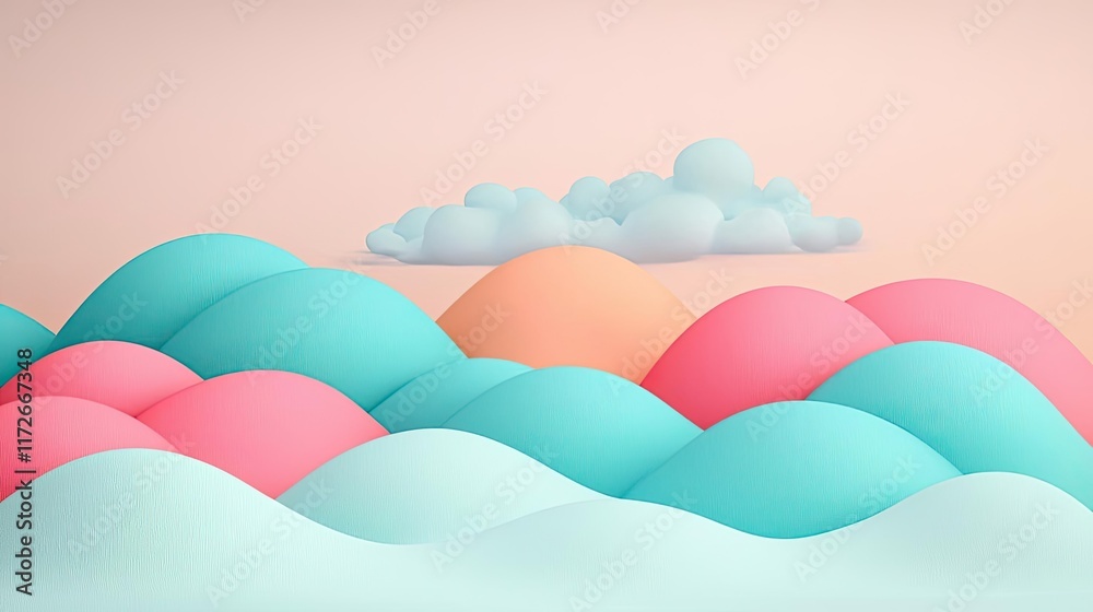 Poster minimal skies concept. vibrant abstract landscape featuring soft curves and pastel colors under a se