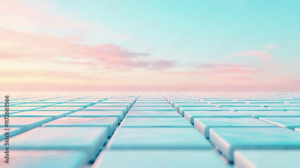 Poster minimal skies concept. a serene landscape with pastel-colored skies and geometric tile patterns belo