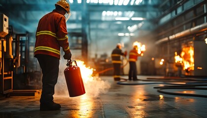 A firefighter extinguishing flames in an industrial setting, showcasing the significance of safety and quick response in emergency situations within a factory environment.